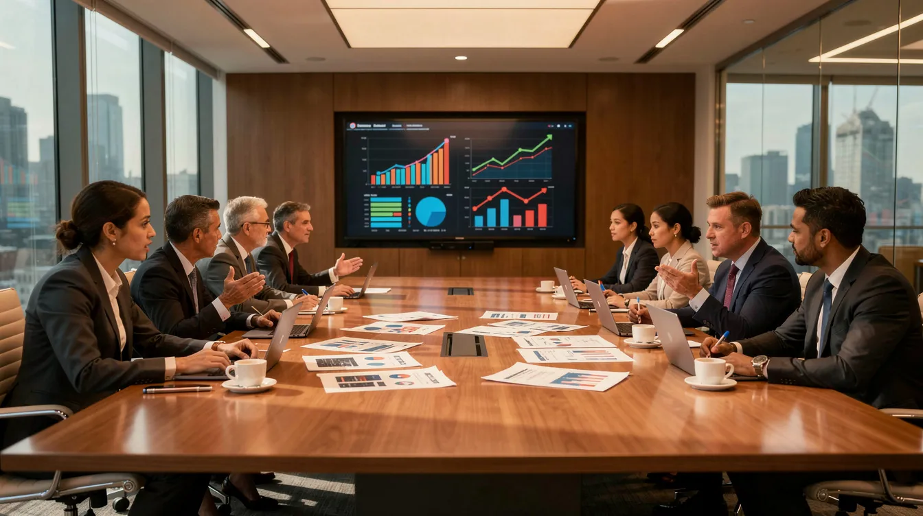 Une équipe de direction se réunit autour d'une grande table, examinant des documents tout en discutant des objectifs de l'entreprise, avec un écran affichant des graphiques illustrant les performances et les analyses. Cette vision claire du leadership met en avant l'importance du management collaboratif et du développement des équipes pour atteindre des résultats significatifs.