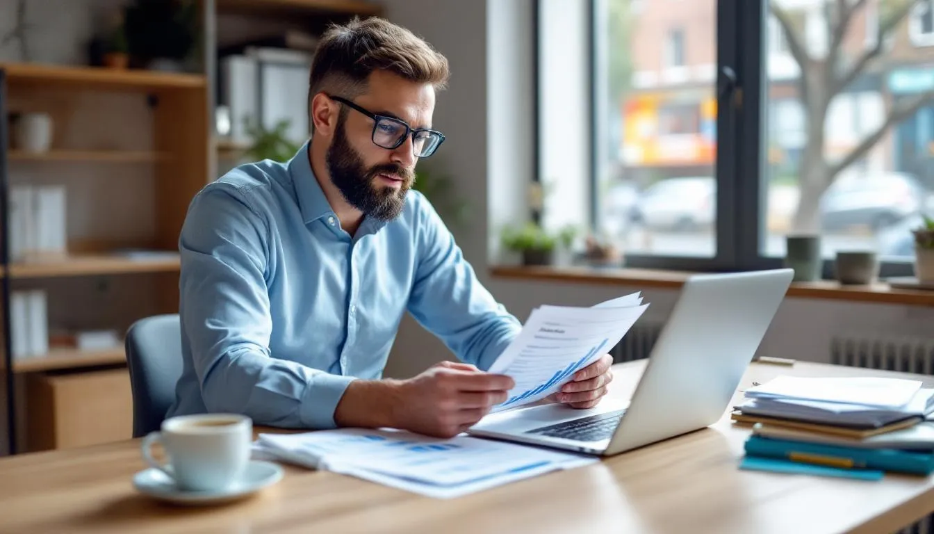 In this image, a small business owner is thoughtfully reviewing information about invoice factoring services from a financing company, considering how factoring accounts receivable could improve cash flow and address payment risks associated with unpaid invoices. The scene reflects the owner's focus on making an informed decision regarding the factoring process and its impact on business operations.