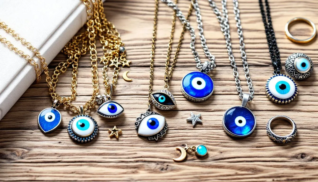 The image showcases a variety of evil eye necklaces, each designed to ward off negative energy and bad luck. Crafted from sterling silver, these charm necklaces feature intricate eye symbols, making them a perfect gift for friends or loved ones seeking protection and strength in their lives.