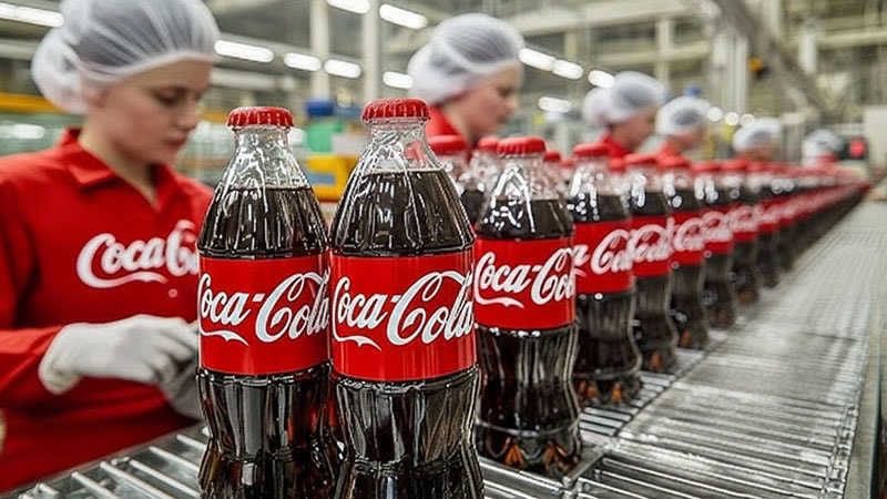 Adhesive sleeves on Coca-Cola bottles