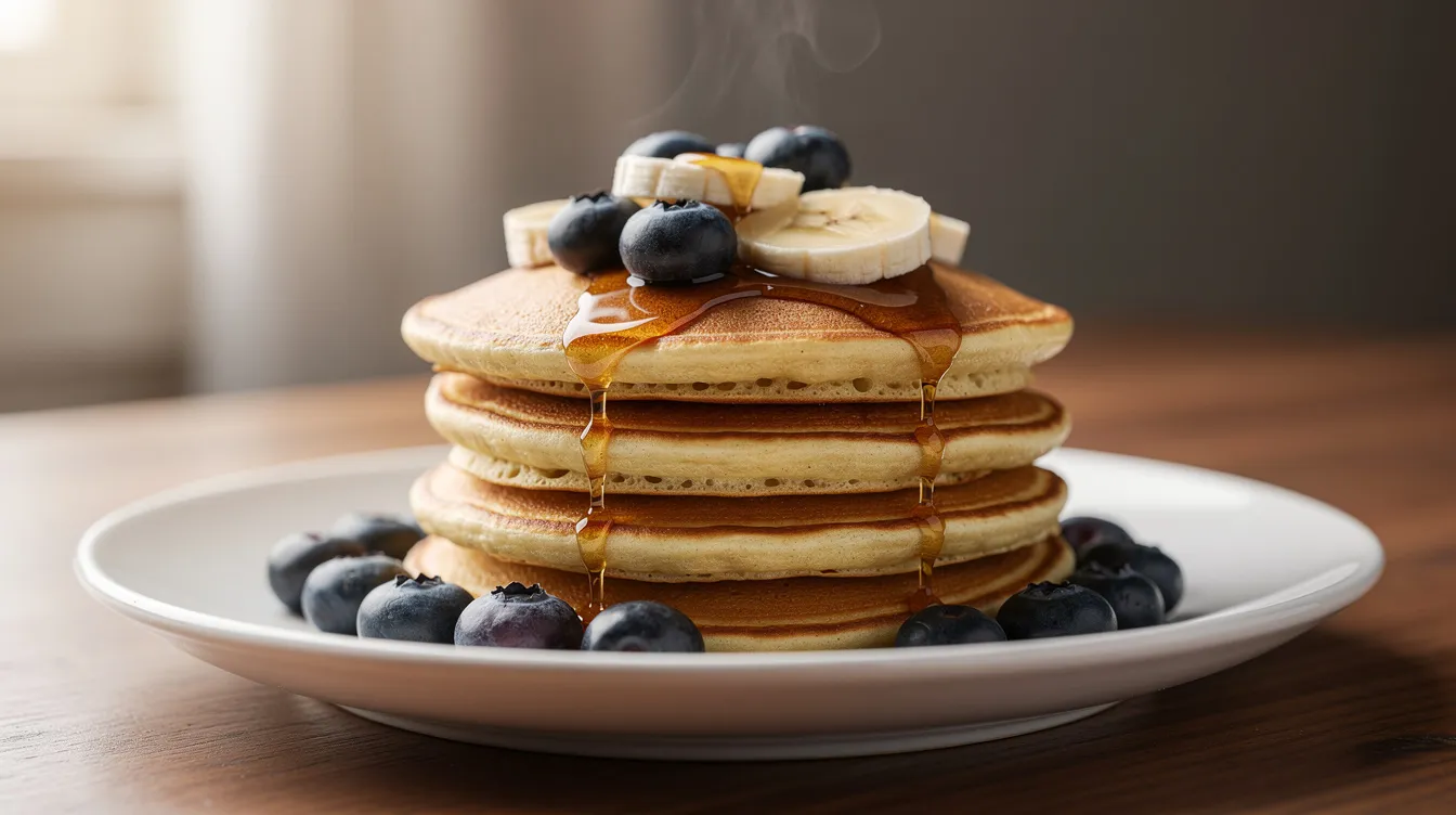 A stack of golden brown protein pancakes sits on a white plate, generously topped with fresh blueberries and sliced banana, creating a delicious and visually appealing high protein breakfast option. The vibrant colors of the fruit contrast beautifully with the pancakes, making it an enticing choice for a healthy morning meal.