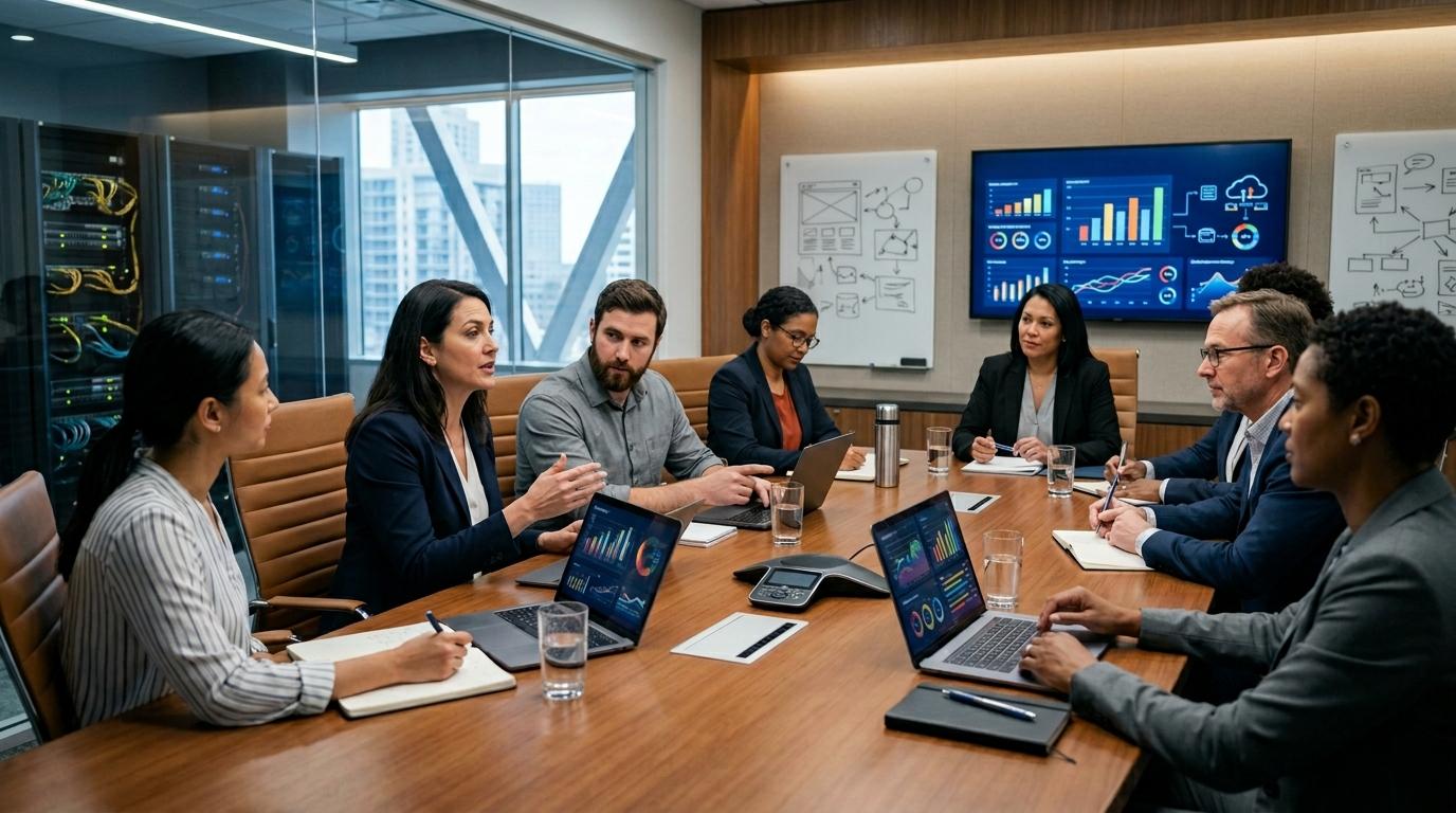 Photorealistic corporate meeting with business and IT professionals discussing cloud investment strategies, laptops displaying abstract analytics without readable text, modern office with subtle cloud infrastructure in the background.