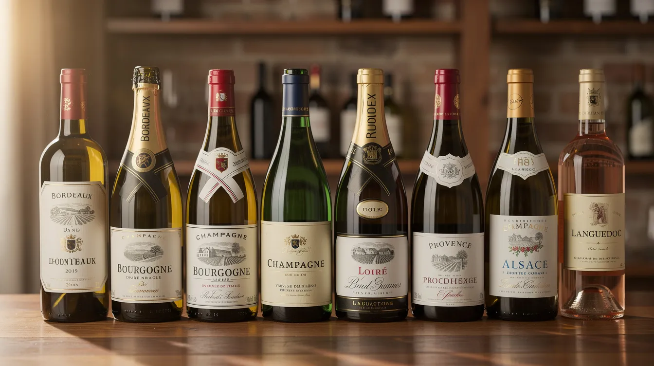 Une sélection de bouteilles de vin français provenant de différentes régions est soigneusement alignée, mettant en valeur la diversité des cépages et des arômes. Cette image évoque l'univers de la dégustation de vin à Paris, où les amateurs peuvent explorer les richesses du terroir français.