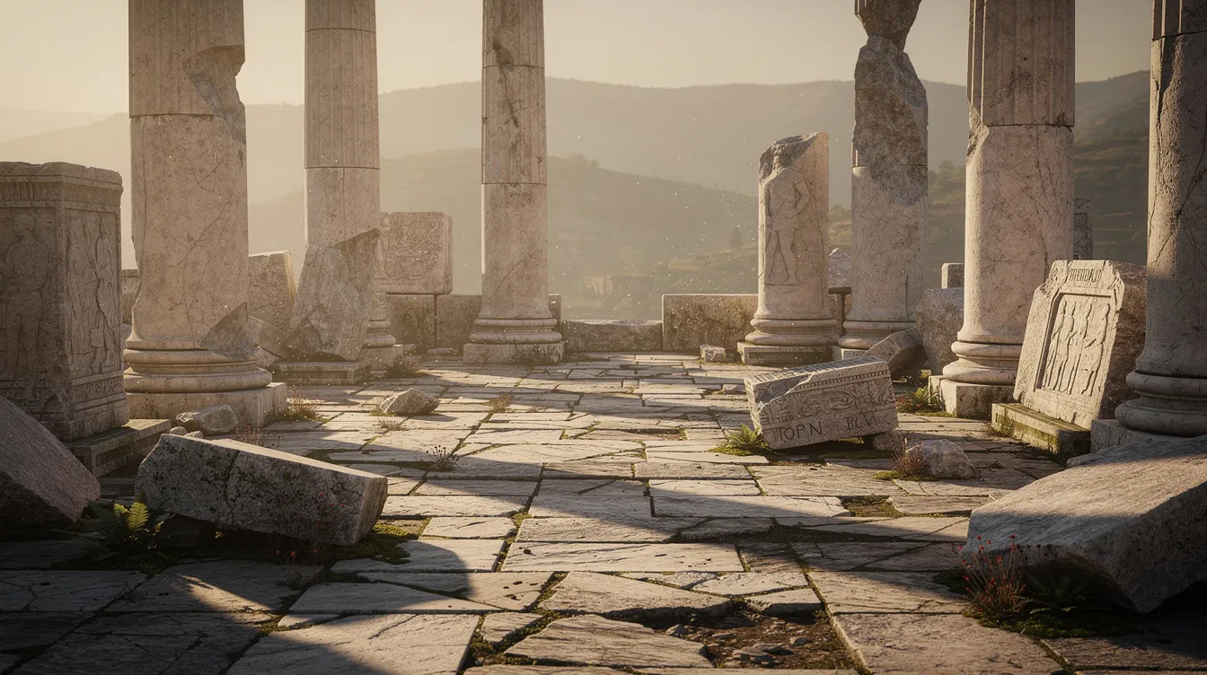 The image depicts ancient stone ruins featuring broken columns and scattered carved blocks, reminiscent of a temple building from the second temple period in Jerusalem. These remnants serve as a testament to the rich Jewish history and religious life that once flourished in this sacred space.