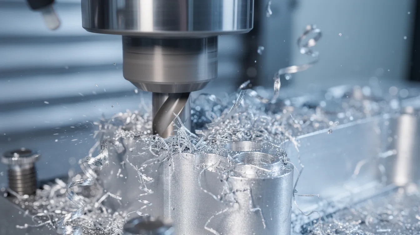 The image shows a close-up of a CNC milling machine actively cutting an aluminum part, with a visible spray of coolant enhancing the machining process. This scene illustrates key aspects of the manufacturing process, including operational efficiency and the importance of optimizing cycle time to meet customer demand.