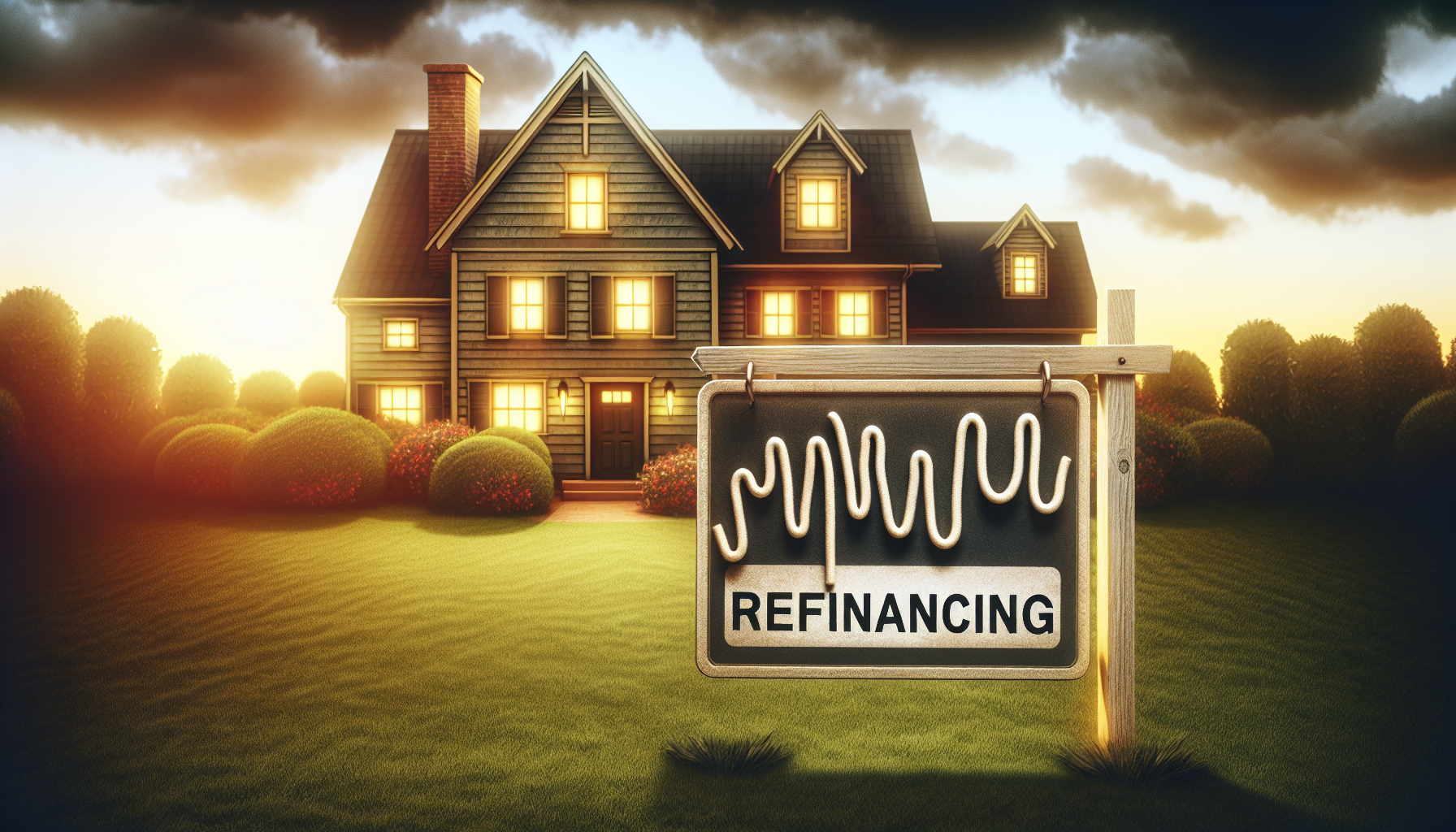 Illustration of a house with a refinance sign indicating refinancing the mortgage