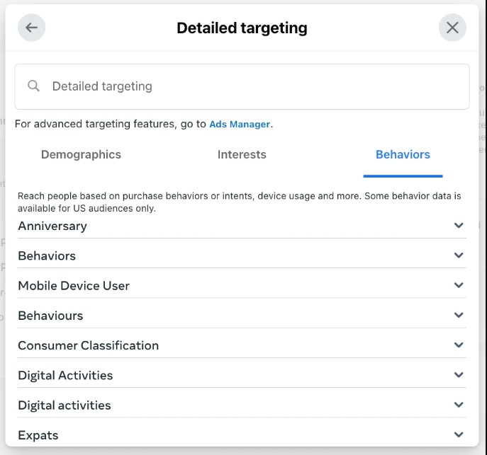 Behaviors Facebook records user actions such as birthdays, moving to a new city, and having a baby.