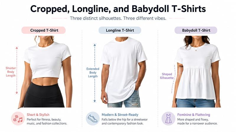 Cropped, longline, and babydoll T-shirt silhouettes compared by body length and fit