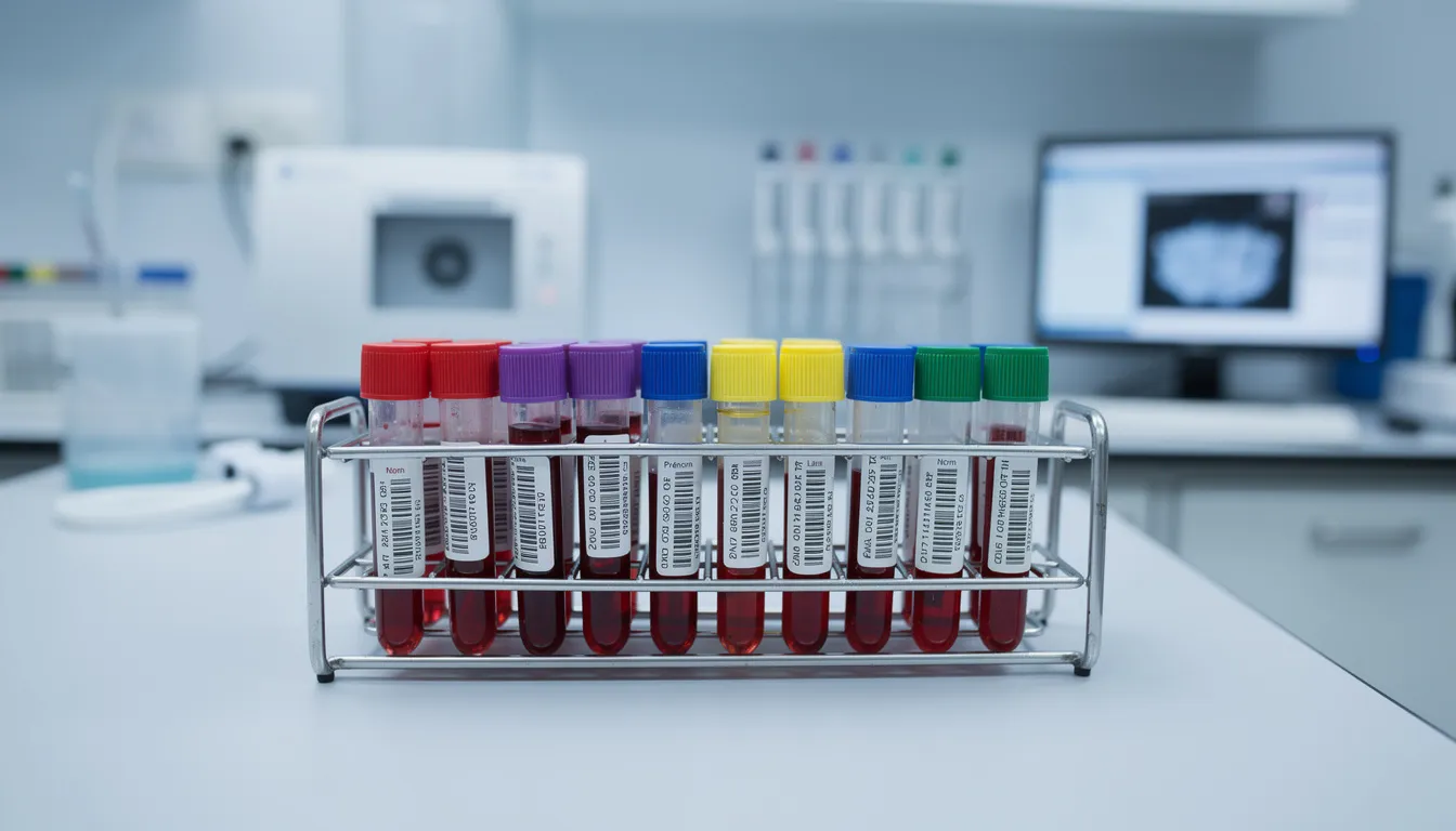 L'image montre plusieurs tubes de prélèvement sanguin disposés sur un plateau dans un laboratoire d'analyse médicale. Ces échantillons sont essentiels pour le diagnostic de maladies telles que l'hypothyroïdie, qui peut entraîner des symptômes comme la fatigue et la prise de poids.