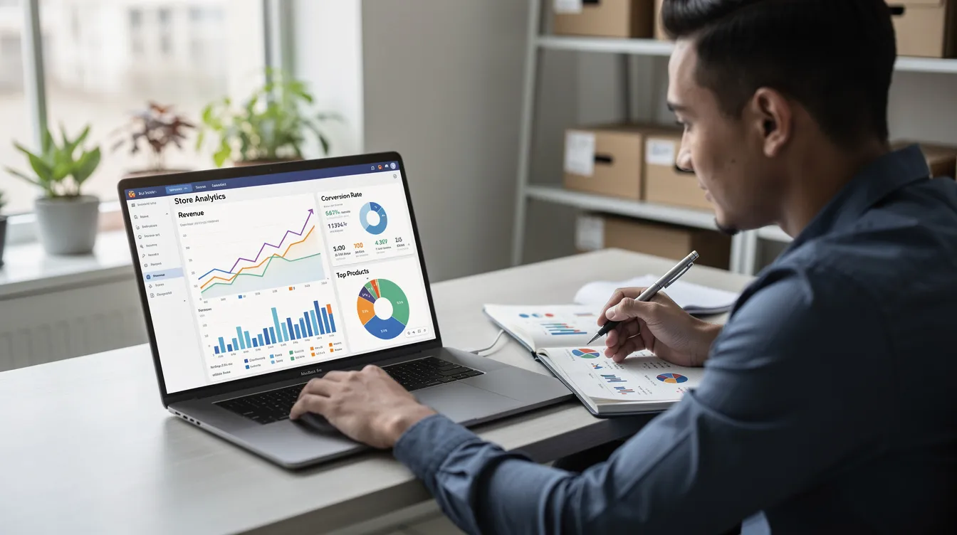 Eine Person sitzt an ihrem Laptop und analysiert die Analysen ihres Online-Shops, der wahrscheinlich Teil eines Dropshipping-Geschäftsmodells ist. Sie überprüfen die wichtigsten Kennzahlen, um die Bestandsverwaltung zu verbessern und ihre Online-Einzelhandelsstrategie zu optimieren, um die Kundenzufriedenheit und die Gewinnmargen zu erhöhen.