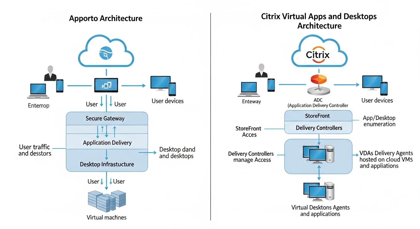 Side-by-side visualization of Apporto and Citrix virtual desktop architectures, showing users connecting to cloud-hosted desktop environments through different delivery models