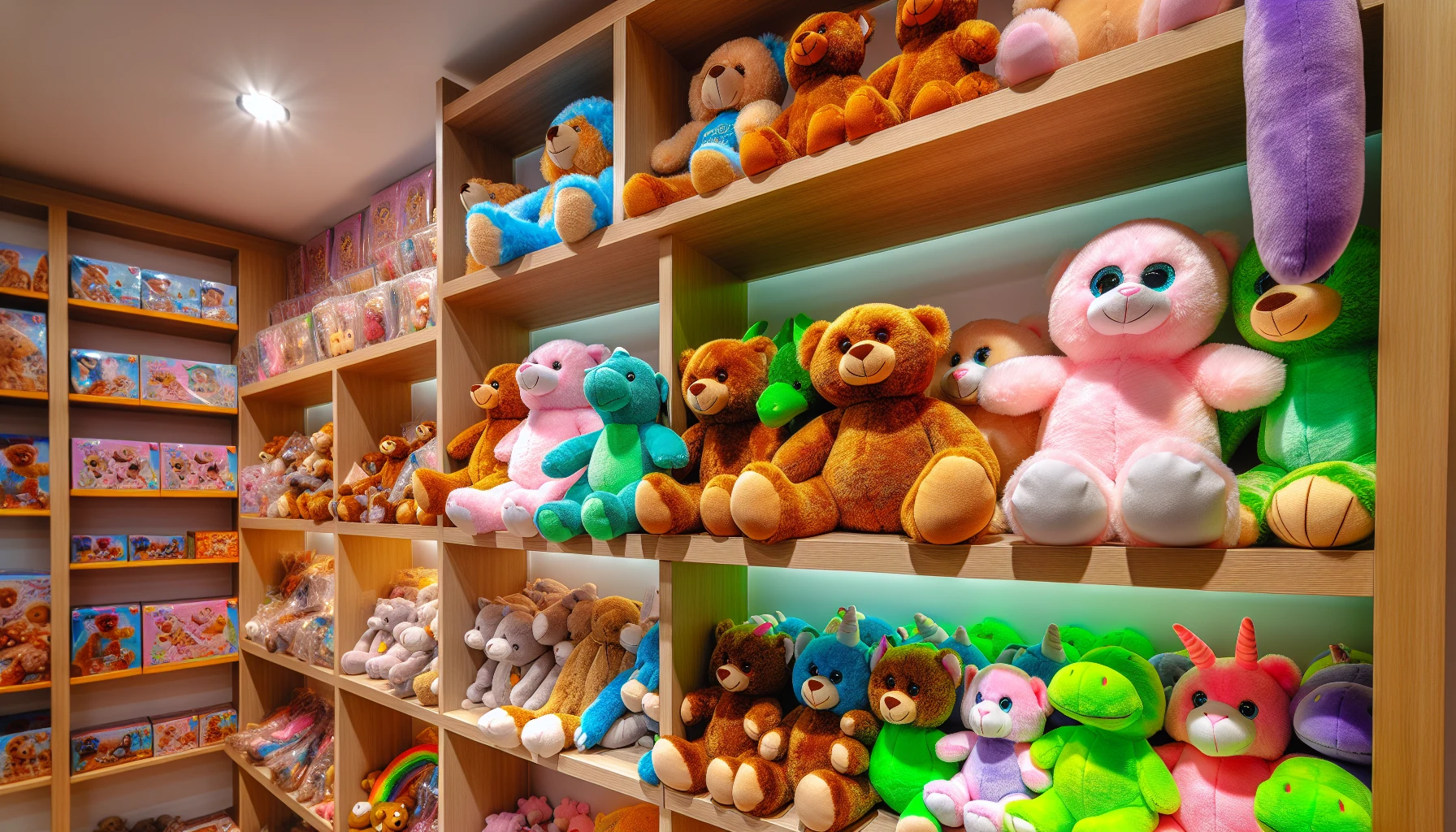 Assortment of cute stuffed animals in a store