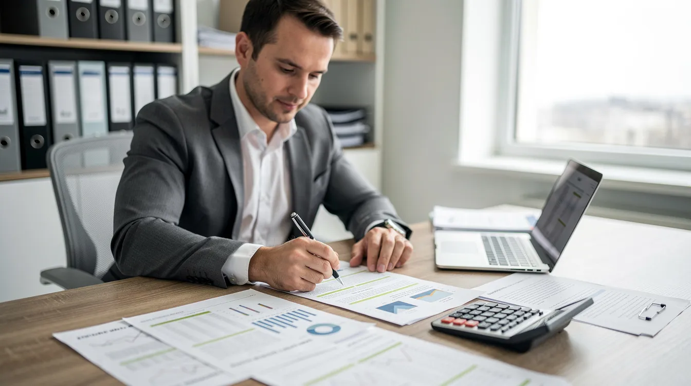 b9a2602c 1526 4f2f b0b9 e896fc0486c9 A professional is seated at a desk, meticulously reviewing financial documents and detailed project reports related to a new hospital project, using a calculator to analyze project costs and funding options. The workspace is organized, reflecting a focus on healthcare infrastructure and the planning of support services for improved patient care.