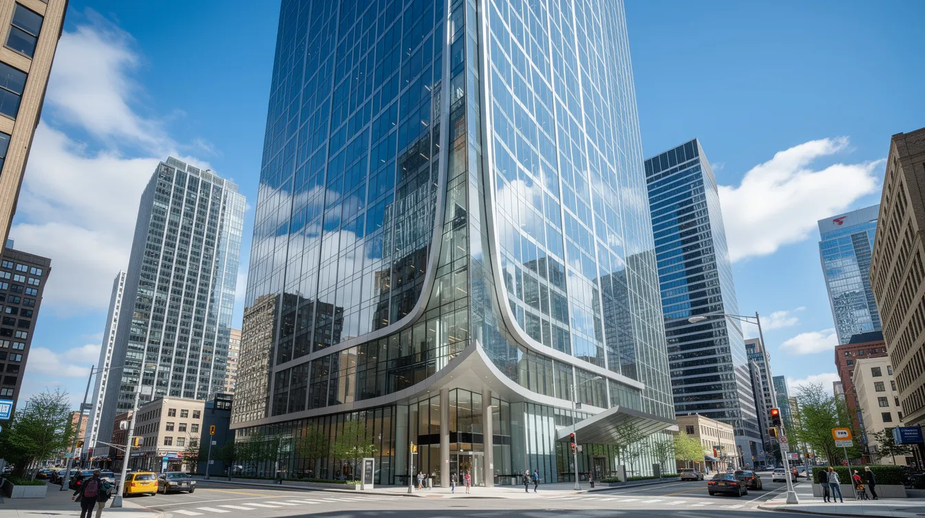 The image showcases a modern glass skyscraper with a sleek, curved facade, towering impressively against a clear blue sky in downtown Toronto. This architectural marvel, located at the intersection of Bloor Street and Yonge Street, embodies the essence of Toronto's skyline and offers unparalleled luxuries in its residences.