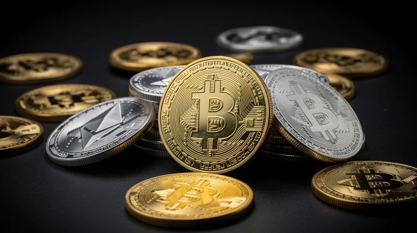 The image features a collection of gold and silver cryptocurrency coins, prominently displaying Bitcoin and Ethereum, arranged on a dark surface. This visual representation highlights the growing influence of digital currencies, which can be linked to discussions about online gambling and responsible gaming practices.