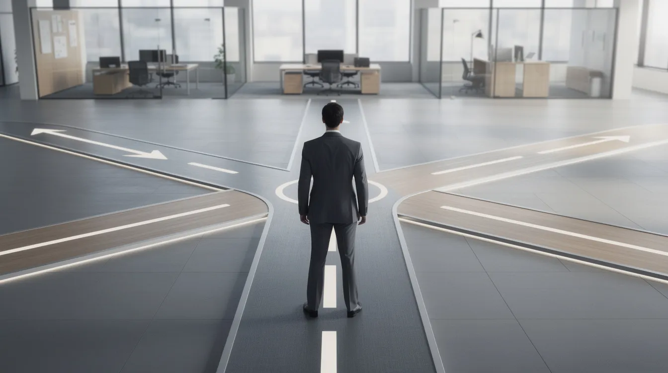 Un manager se tient debout devant un carrefour symbolisant plusieurs choix possibles dans un bureau moderne, illustrant l'importance de la prise de décision efficace au travail. Cette image évoque la réflexion nécessaire pour prendre des décisions éclairées qui auront un impact sur l'avenir de l'équipe et de l'entreprise.