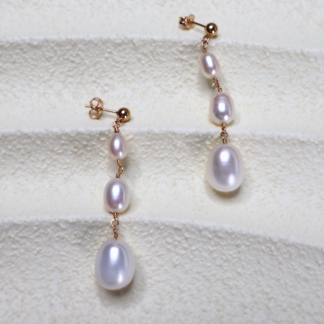 Pearl drop earrings with 3 ascending in size rice pearls