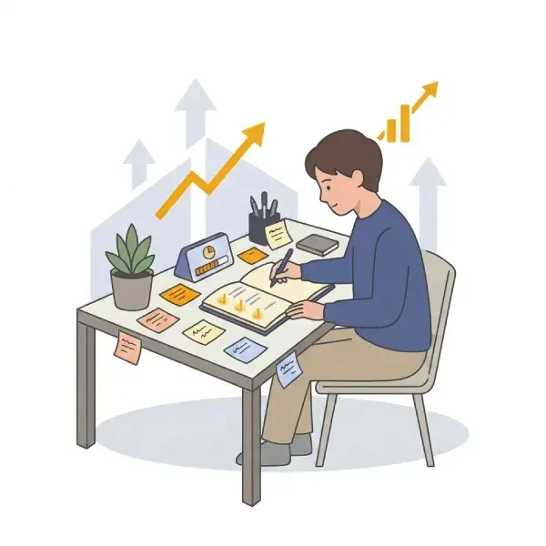 Illustration eines konzentrierten Studenten am Schreibtisch, der in ein Notizbuch schreibt. Der Tisch ist voll mit Haftnotizen, einer Pflanze и einem Timer. Im Hintergrund symbolisieren aufsteigende Pfeile und ein Diagramm den Fortschritt.