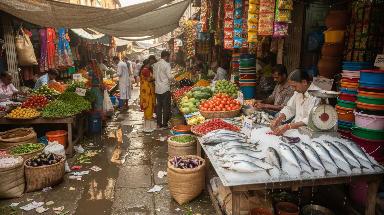The image depicts a bustling Bengali marketplace filled with vibrant fresh produce, fish stalls, and an array of colorful goods, showcasing the local demand for fresh food and unique business ideas in West Bengal. This lively scene highlights the entrepreneurial spirit and market opportunities available for aspiring entrepreneurs in the region.