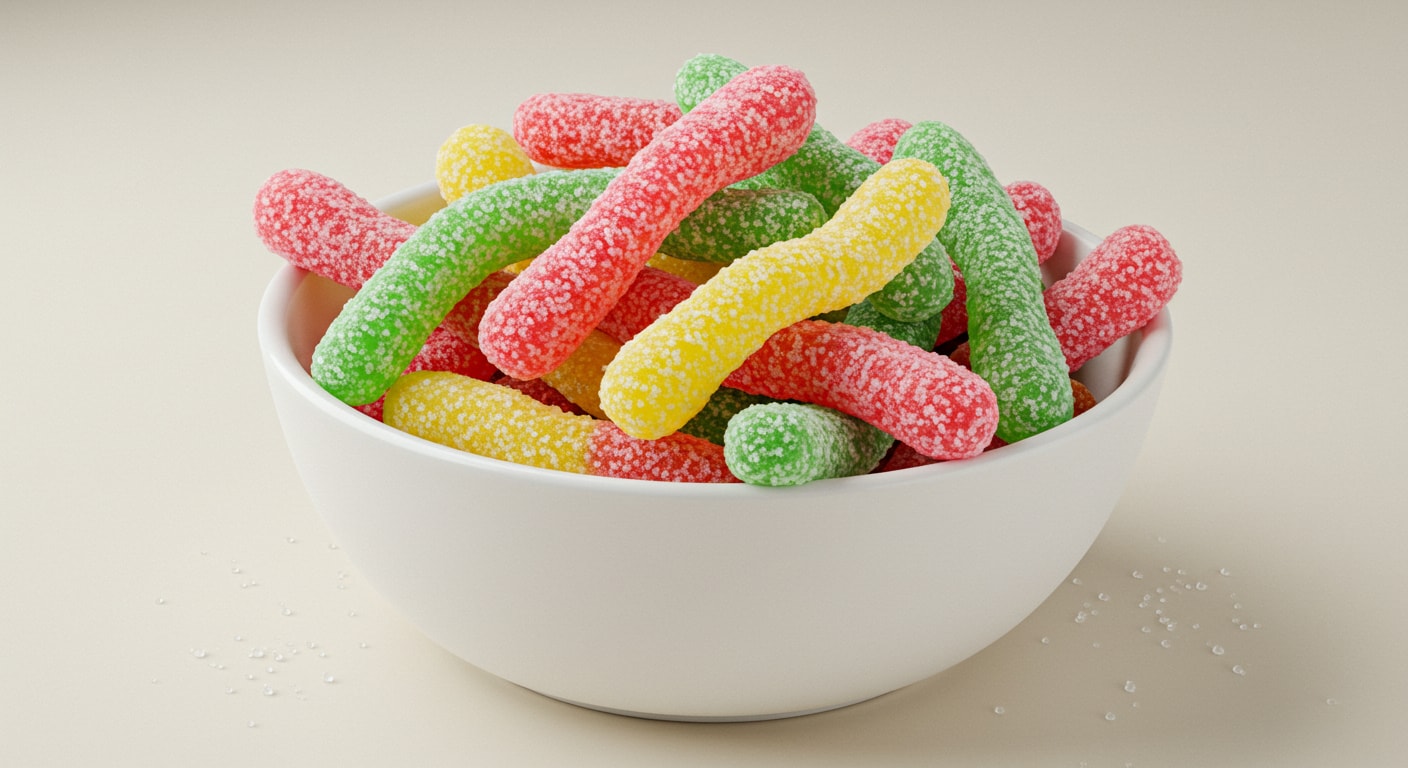 A small bowl of sour gummy worms