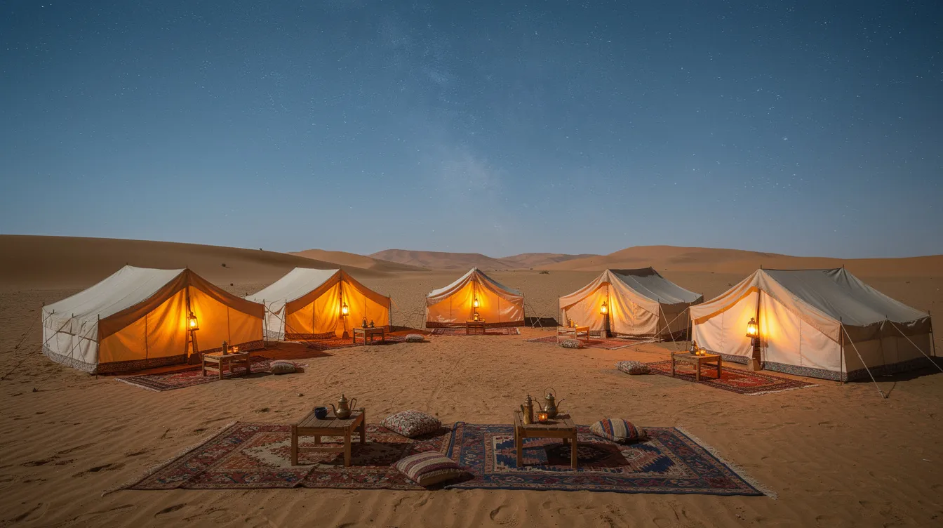 A remote desert camp featuring traditional tents is set against a breathtaking starry night sky, highlighting the serene beauty of the Moroccan Sahara Desert. This scene captures the essence of a desert experience, perfect for travelers seeking adventure and tranquility under the vastness of the night.