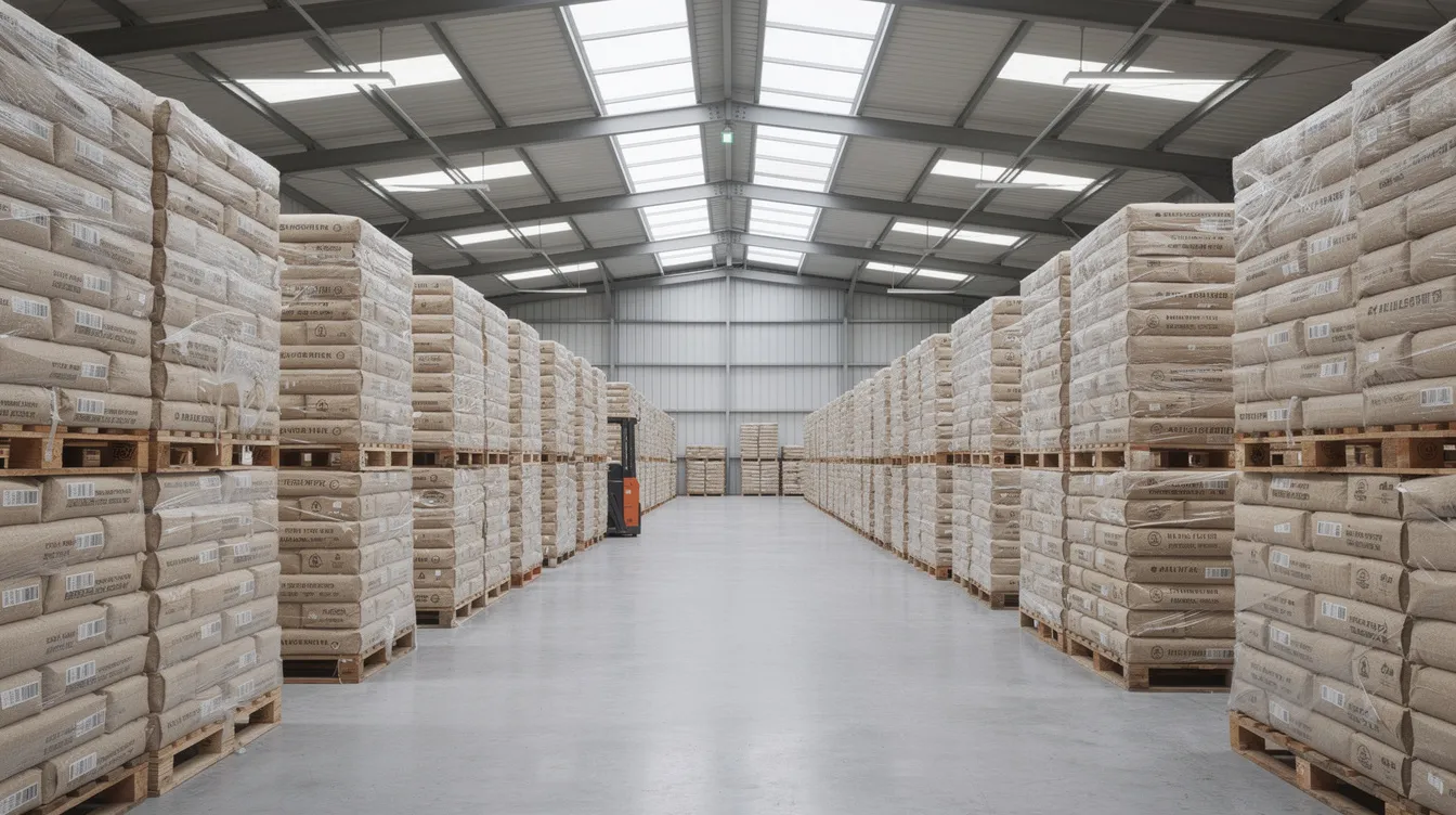 The image depicts the interior of a spacious warehouse filled with neatly stacked grain bags on pallets, organized in rows with clear aisle passages for easy navigation. This setup reflects effective inventory control, essential for managing seasonal demand fluctuations and ensuring operational efficiency in the supply chain.