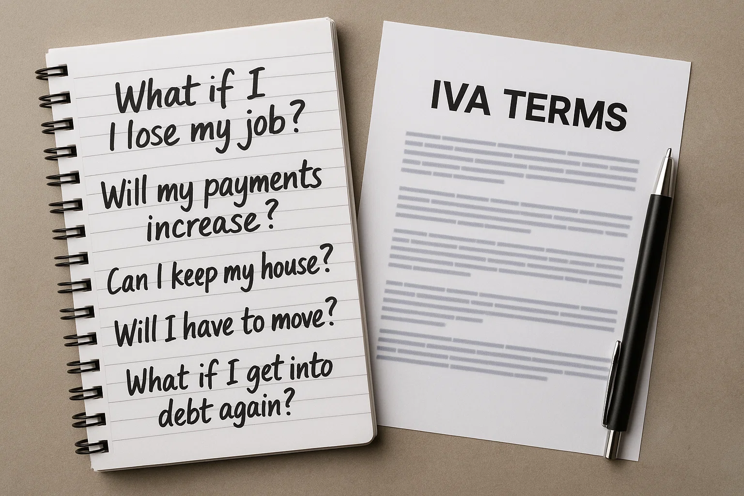 Questions about IVA process written on notepad beside printed terms.