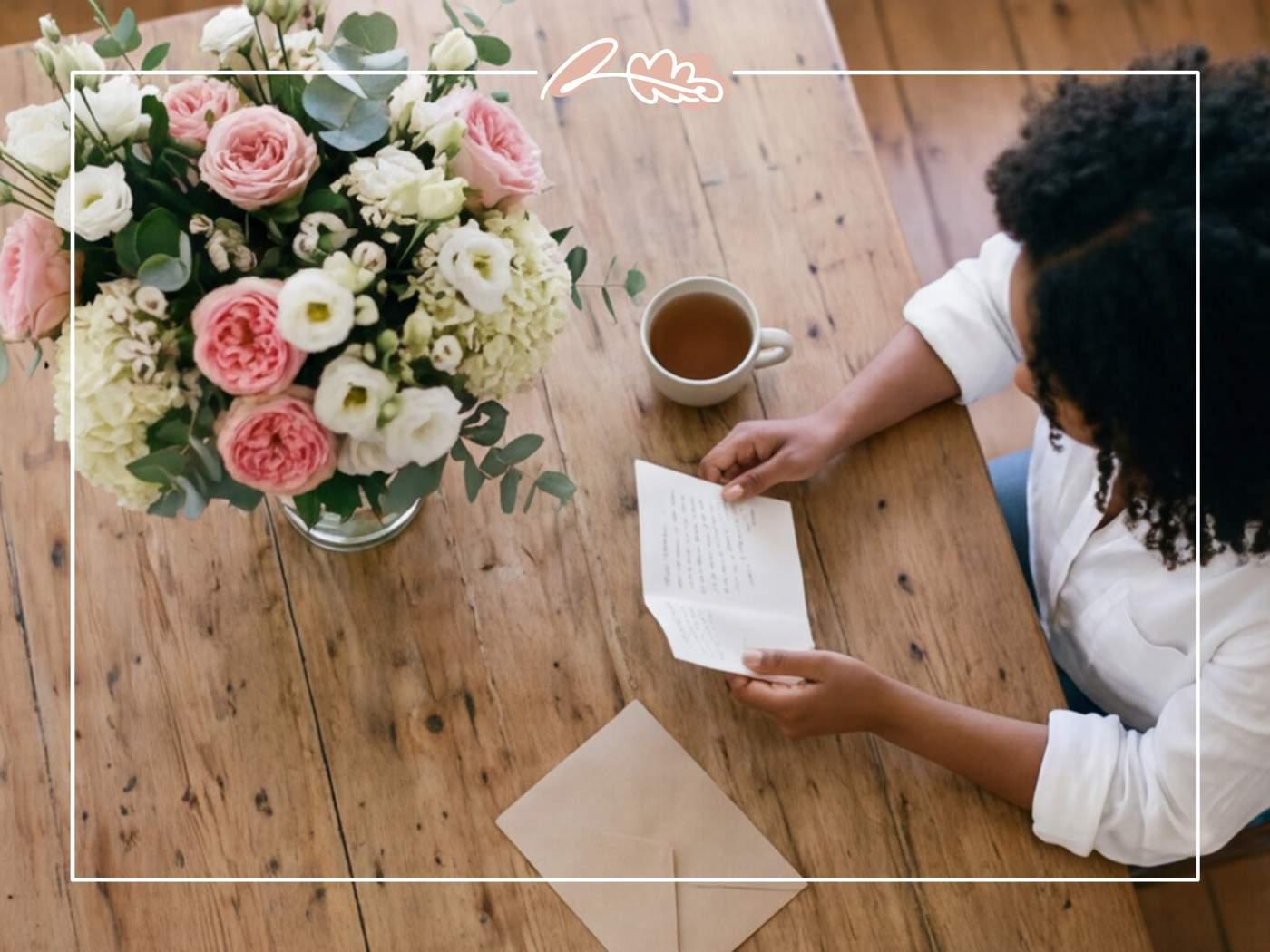 Open anniversary card and envelope on a wooden table beside a bouquet of pink garden roses, hydrangea and white lisianthus