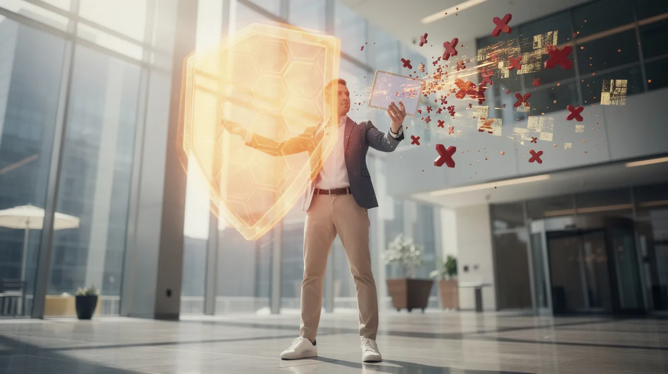 A low-angle professional photograph captures an office worker in a smart-casual outfit, confidently standing in a sunlit corporate lobby while holding a translucent digital tablet. Projecting from the tablet is a warm, protective energy shield that deflects glitching red 'X' icons, symbolizing resilience against social engineering attacks and the importance of security awareness training to protect sensitive information.
