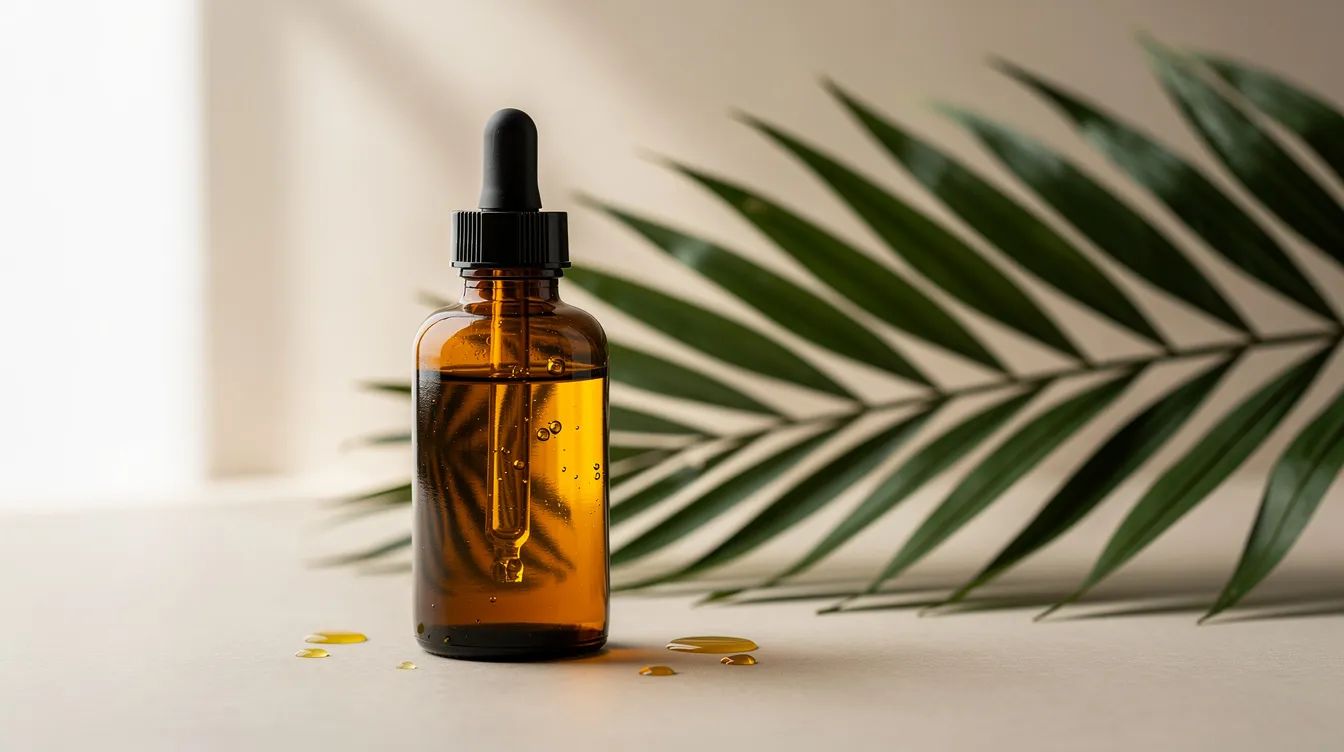 A dark glass bottle with a dropper holds luxurious golden batana oil, positioned next to lush palm leaves. This natural oil is known for its nourishing properties, promoting hair growth and enhancing skin health with essential fatty acids and vitamin E.