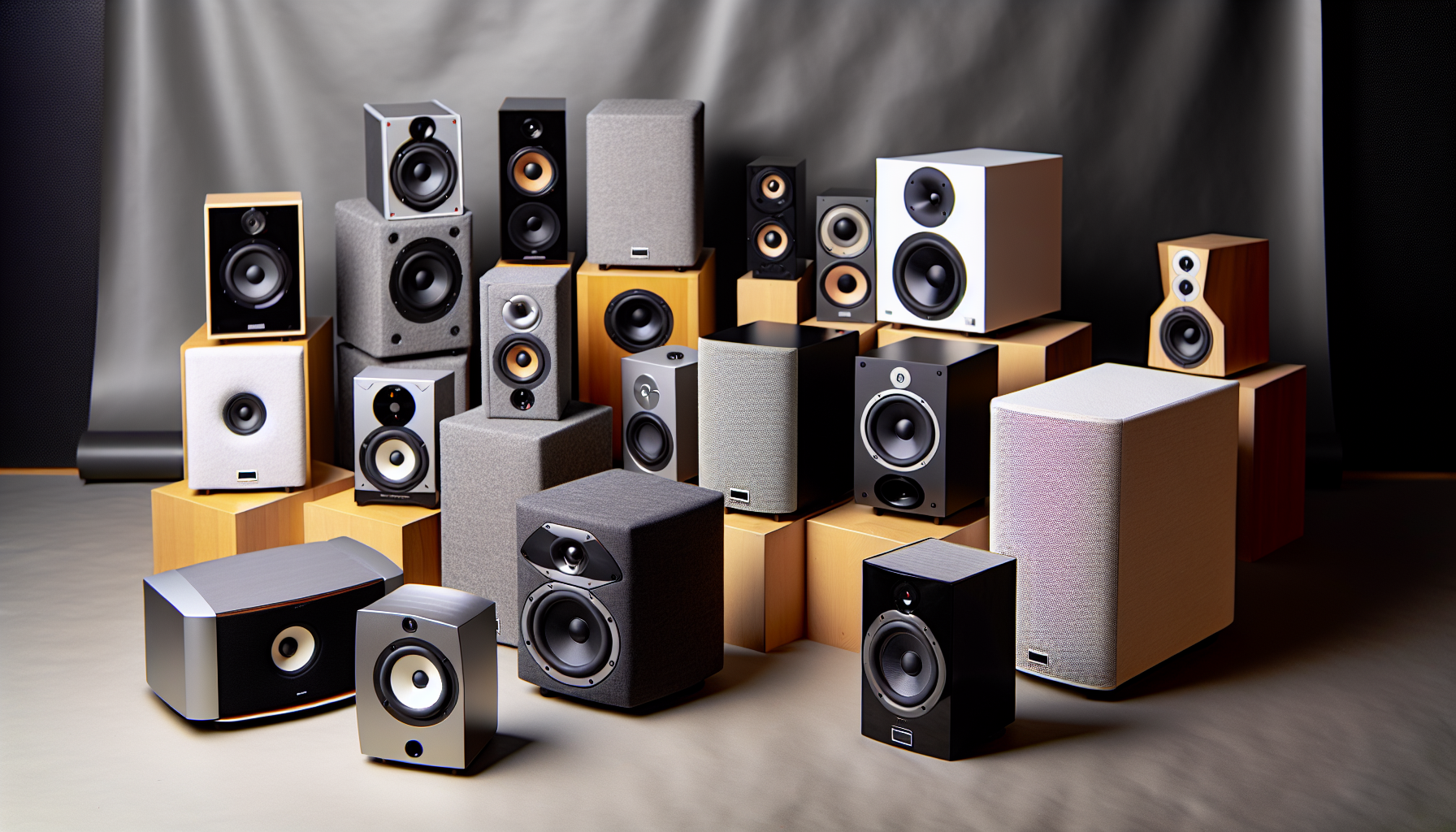 A variety of center channel speakers on display