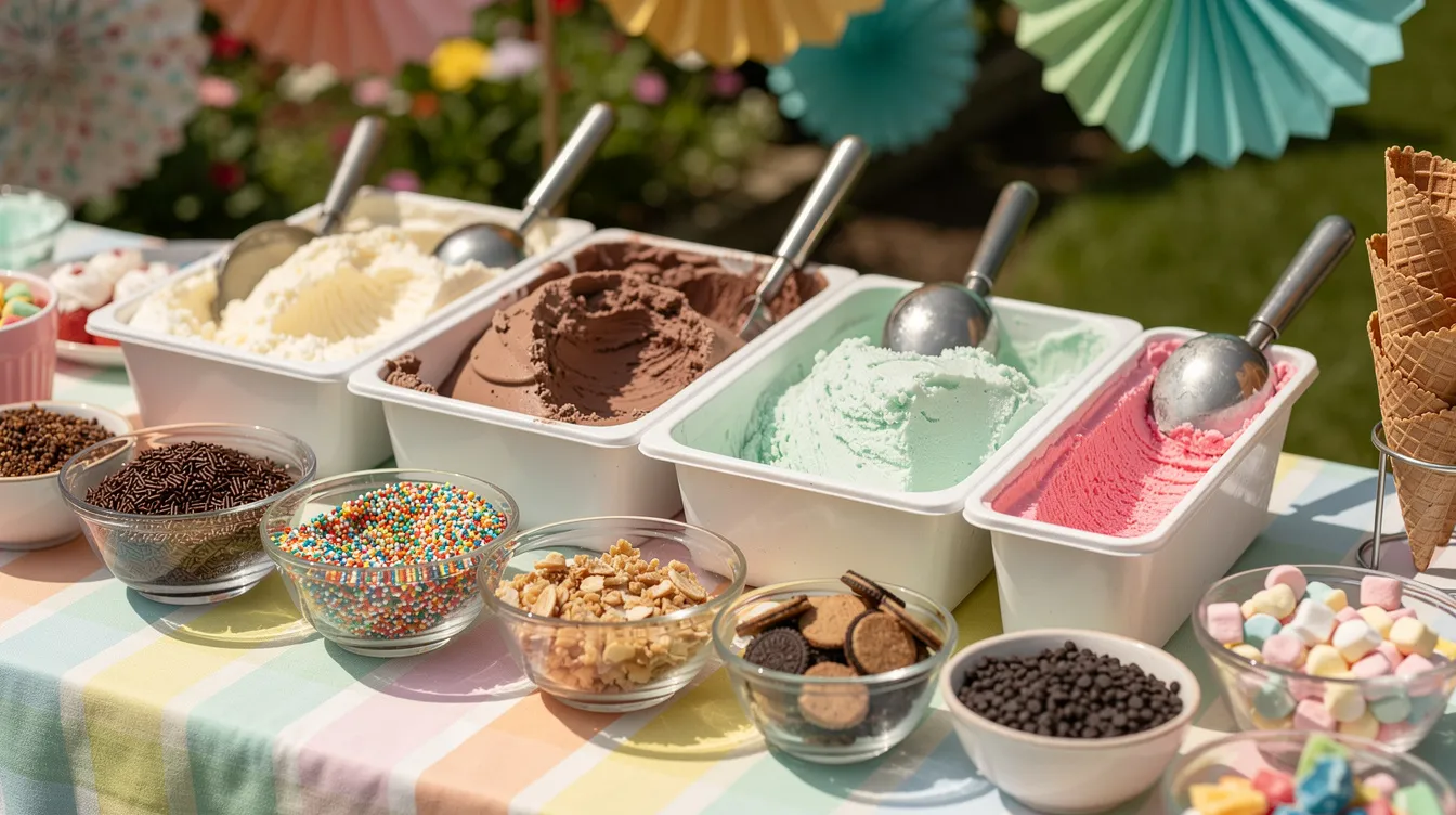 The image features a vibrant outdoor table set up for an ice cream sundae party, showcasing several tubs of ice cream in a variety of flavors alongside rows of small bowls filled with colorful toppings like sprinkles, nuts, and candy. Guests can create their own ultimate ice cream sundaes with options like whipped cream, chocolate sauce, and maraschino cherries for a fun summer dessert experience.