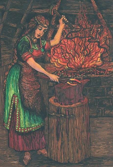 Brigid is in a wooden and straw hut over a fire as she makes metal materials.