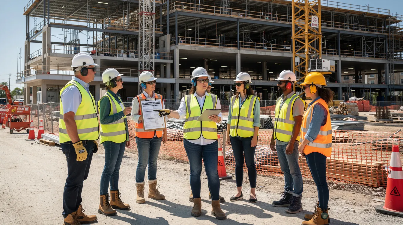 A diverse construction crew, including women in skilled trades, is gathered on a commercial job site for a safety briefing. They are discussing essential practices and training related to their registered apprenticeship programs, emphasizing the importance of safety and teamwork in the construction industry.