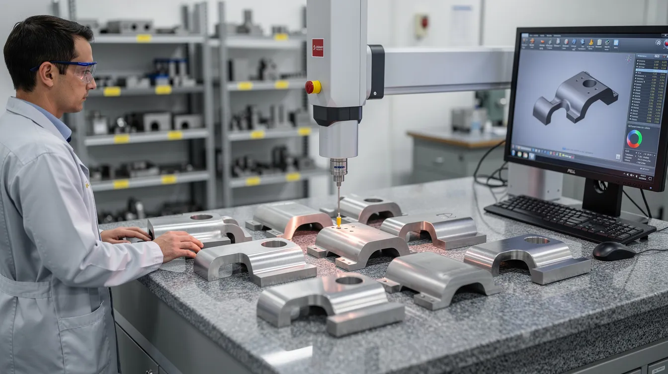 A quality inspector is using a coordinate measuring machine to verify the dimensions of a batch of precision-bent stainless steel parts, ensuring that the sheet metal bending process has achieved the desired bend angles and tight tolerances necessary for high precision in metal fabrication. The inspector checks for accurate bending and material properties, confirming that the parts meet the specifications for structural components.