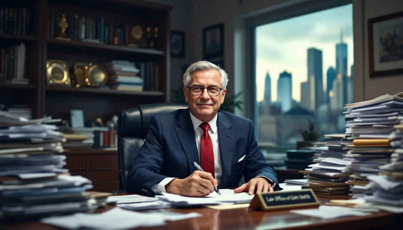 In the image, a lawyer is reviewing various files related to divorce proceedings and bankruptcy cases, highlighting the complexities of navigating legal fees and joint debts during a divorce. The scene captures the seriousness of the legal process, as the lawyer prepares to assist clients facing financial stress from both divorce and potential bankruptcy.