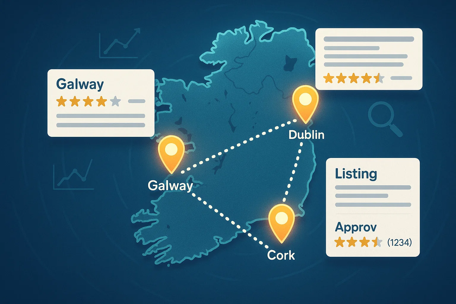 Interactive map of Ireland highlighting Dublin, Cork, and Galway with floating search results and SEO icons showing local SEO performance.