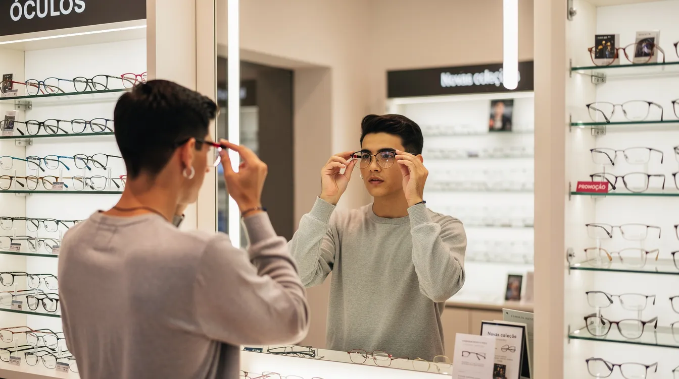 Uma pessoa está experimentando diferentes armações de óculos em uma loja de ótica bem iluminada, cercada por prateleiras cheias de opções de lentes e armações. O ambiente é acolhedor e reflete as tendências de moda, proporcionando conforto e qualidade na escolha dos óculos.