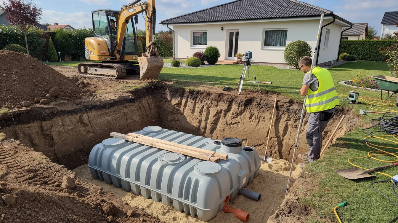 Une tranchée est en cours de creusement dans un jardin pour l'installation d'une cuve d'assainissement enterrée, destinée à la gestion des eaux usées dans une résidence secondaire. Des équipements sont préparés pour assurer un traitement efficace des eaux, conformément aux normes d'assainissement non collectif.