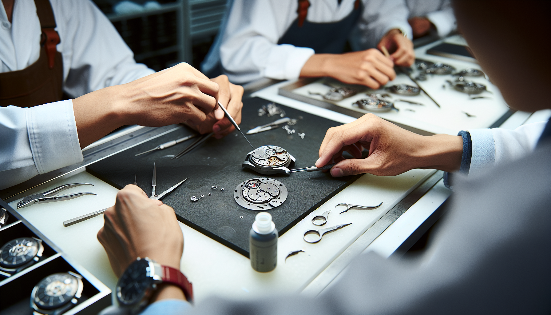 Craftsmen meticulously assembling a Rolex watch movement