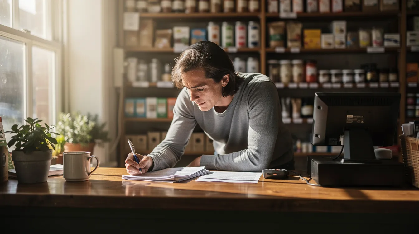 b9bd733f b23c 4641 91be 3ce3220d88e1 A small business owner stands behind a shop counter, intently reviewing paperwork related to their business financing. This scene highlights the importance of financial assistance and proper documentation, such as bank statements and business registration, for eligible borrowers looking to apply for mudra loans under the Pradhan Mantri Mudra Yojana.