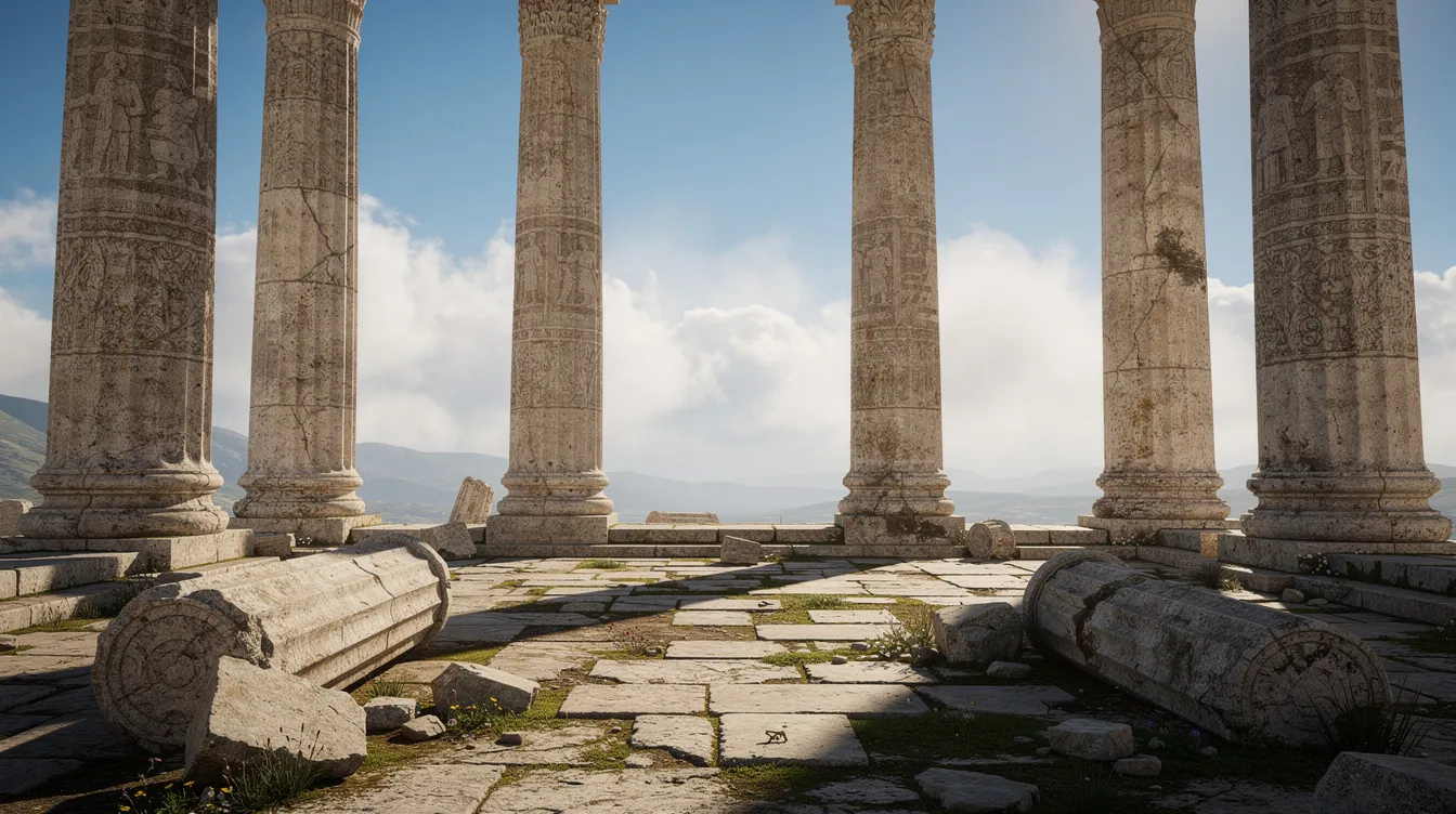 The image depicts ancient stone temple ruins featuring tall columns set against a vibrant blue sky, reminiscent of the architectural grandeur of the Greco-Roman world. This scene evokes the historical context of early Christianity and the cultural influences of Greek philosophy and Roman religion during the time of the Roman Empire.