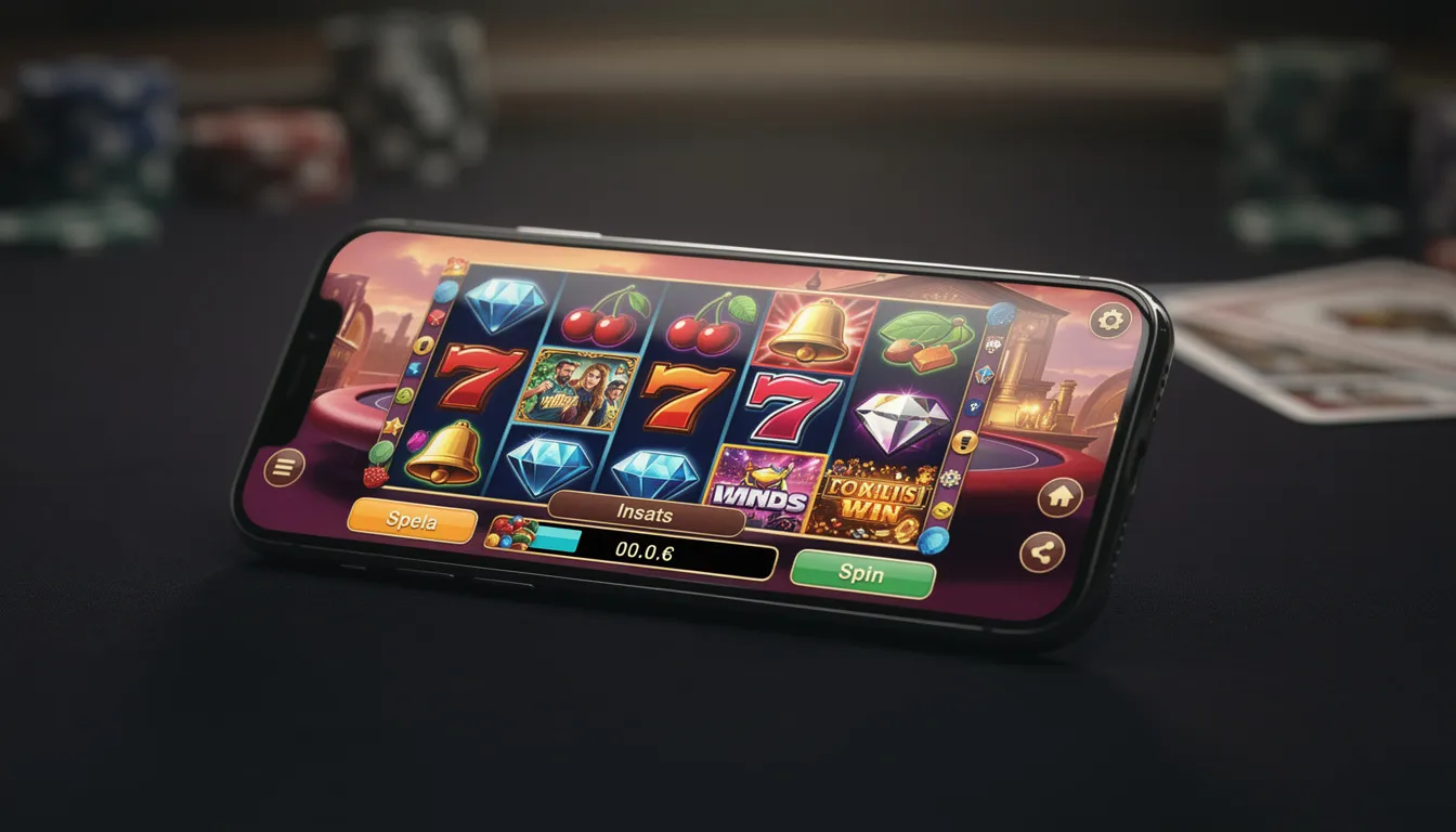En smartphone visar ett casino-gränssnitt med olika spelautomater, inklusive populära titlar som "Book of Dead". Användare kan spela ansvarsfullt hos nano casino och enkelt göra insättningar och uttag via Trustly.