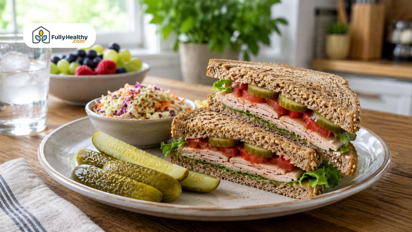 Whole grain turkey sandwich served with pickle spears, coleslaw, and fresh fruit