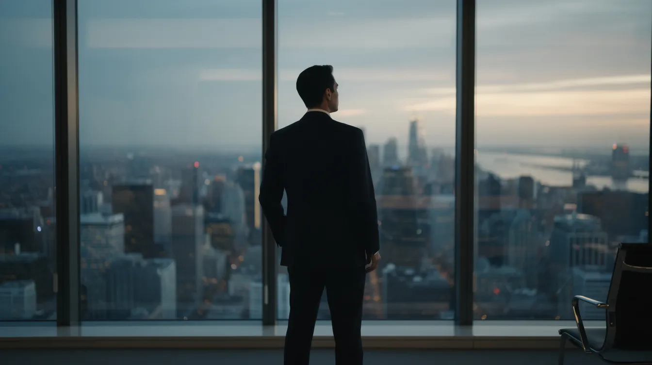 Une personne en costume se tient debout devant une grande fenêtre, contemplant la ville avec une posture de réflexion. Cette image évoque le leadership et la prise de décision, soulignant l'importance de la vision claire et de l'engagement dans un environnement professionnel.