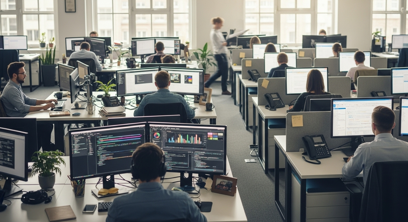 Office environment showing knowledge workers using customized persistent desktops and task workers using standardized non-persistent systems.