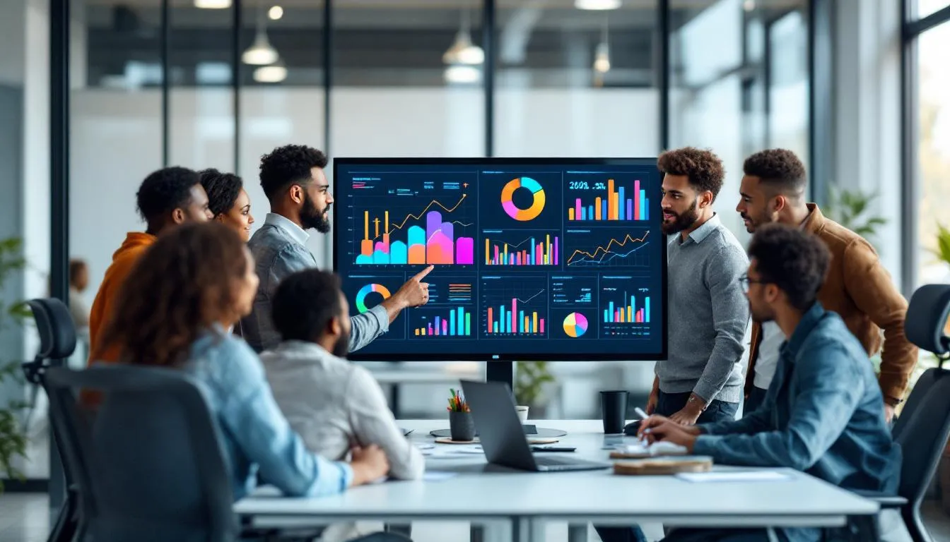 The image depicts a diverse marketing team collaborating around a computer screen that displays various analytics charts and growth metrics, highlighting their focus on effective growth marketing strategies. The team appears engaged as they analyze customer data to enhance their marketing campaigns and improve customer acquisition and retention efforts.