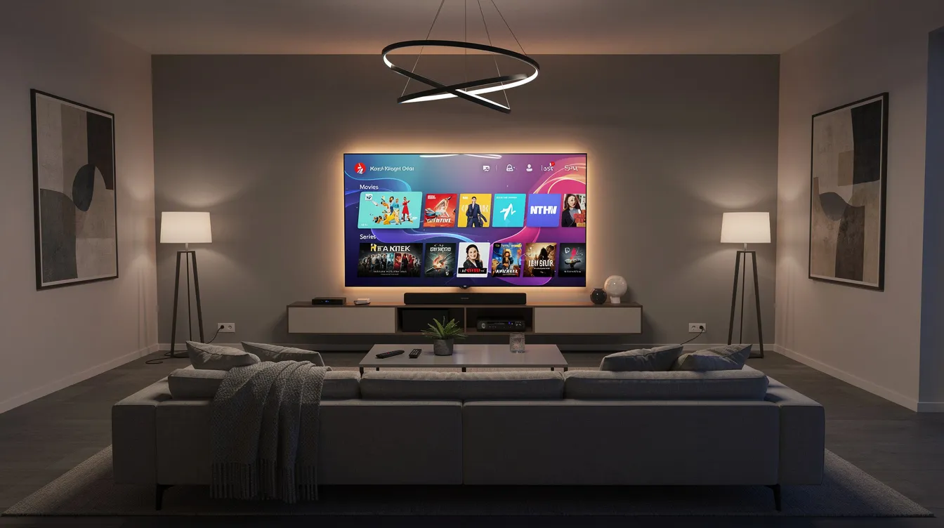 The image depicts a modern living room featuring a large flat-screen TV showcasing a vibrant streaming interface, surrounded by a cozy couch and stylish ambient lighting, ideal for enjoying IPTV Canada services and accessing a variety of entertainment channels. This inviting space is perfect for Canadian households looking to experience high-quality streaming and live TV.