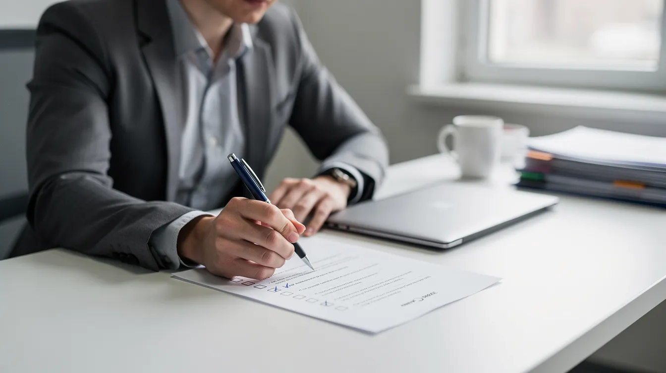 A professional is reviewing a checklist on paper with a pen, possibly assessing the eligibility criteria for mudra loans aimed at small and micro enterprises. This meticulous examination may relate to the financial assistance needed for capital assets or the next phase of growth development for beneficiary micro units.