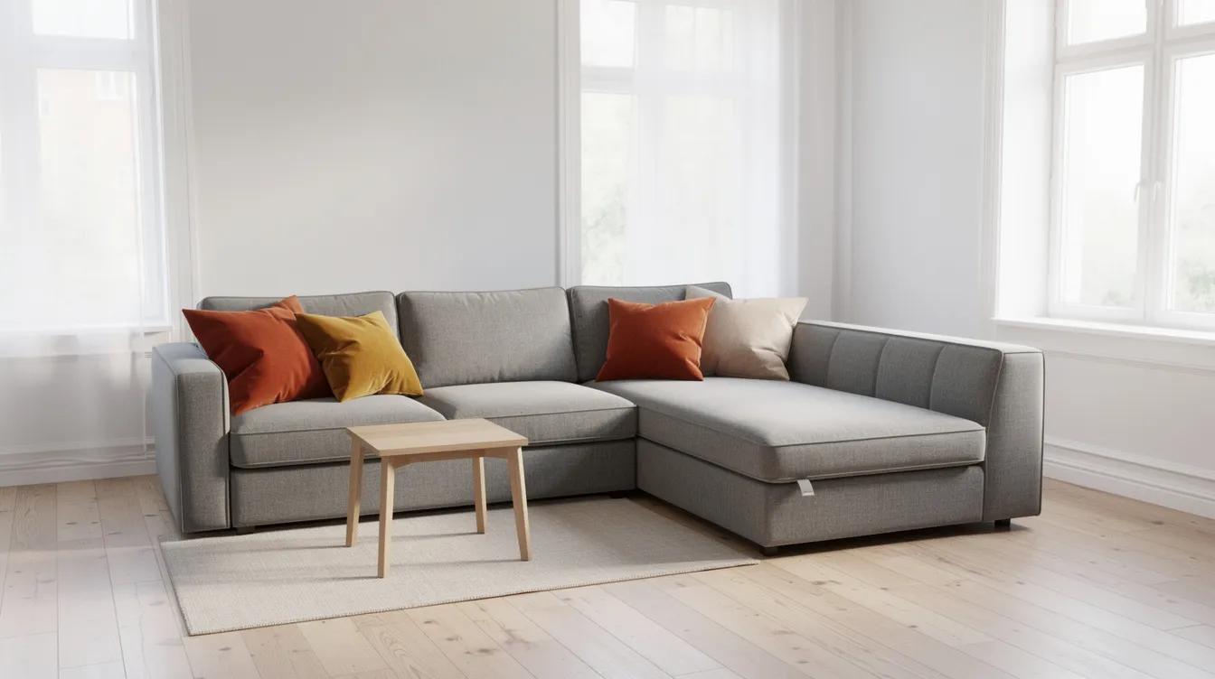 Ett ljust vardagsrum med en grå L-formad hörnbäddsoffa, prydd med kuddar i varma färger, och ett litet soffbord placerat framför. Denna bekväma soffa erbjuder både sitt- och sovplats, vilket gör den perfekt för gäster och ger en smart lösning för förvaring i hemmet.